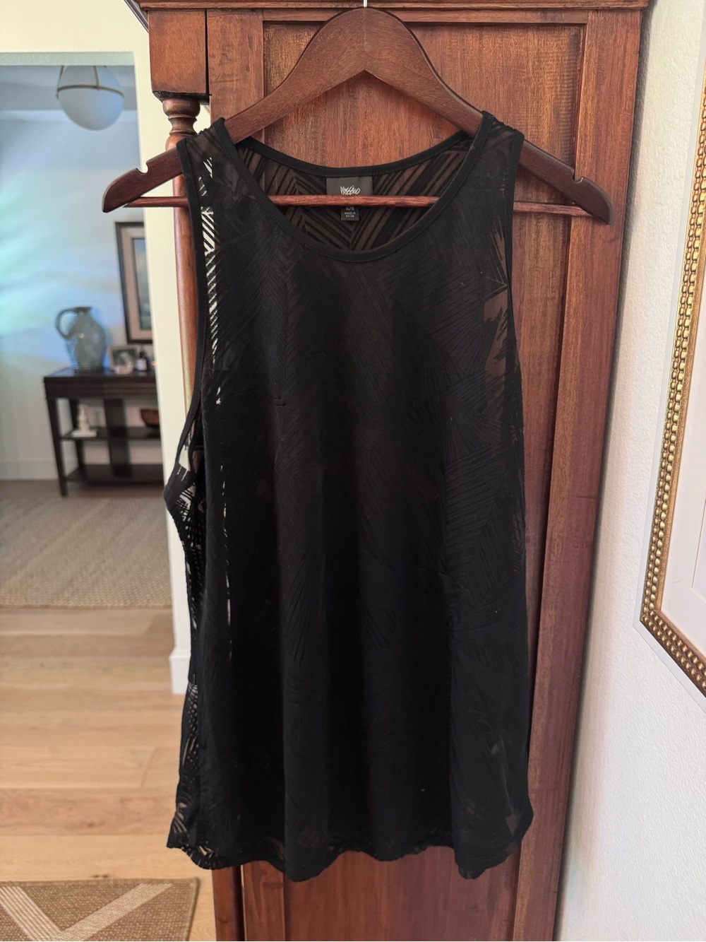 Black Tank Top Womens Large Geometric Sheer Burnout Scoop Neck Stretch Jersey